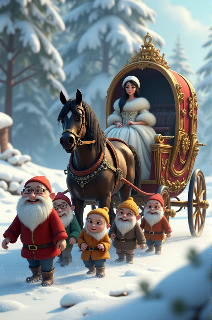 A large carriage with a princess wearing a winter dress made of white bear fur. She is wearing a cap that covers her long black hair. She is accompanied by 7 dwarfs!
A dwarf has black hair.
A dwarf has red hair.
A dwarf is blonde.
A dwarf has black skin.
A dwarf wears glasses.
A dwarf has a white beard.
A dwarf is a child, therefore he has no beard.
