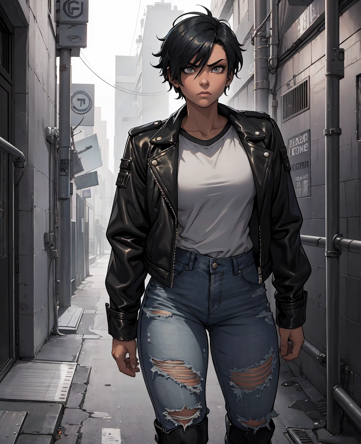 a tomboy girl with short hair, piercing eyes, muscular figure, wearing a leather jacket, ripped jeans and boots, standing in a gritty urban alleyway, grungy expression, cinematic lighting, dark moody color palette, photorealistic, hyper detailed