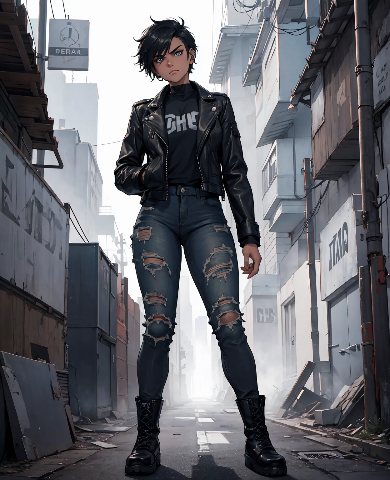 a tomboy girl with short hair, piercing eyes, muscular figure, wearing a leather jacket, ripped jeans and boots, standing in a gritty urban alleyway, grungy expression, cinematic lighting, dark moody color palette, photorealistic, hyper detailed