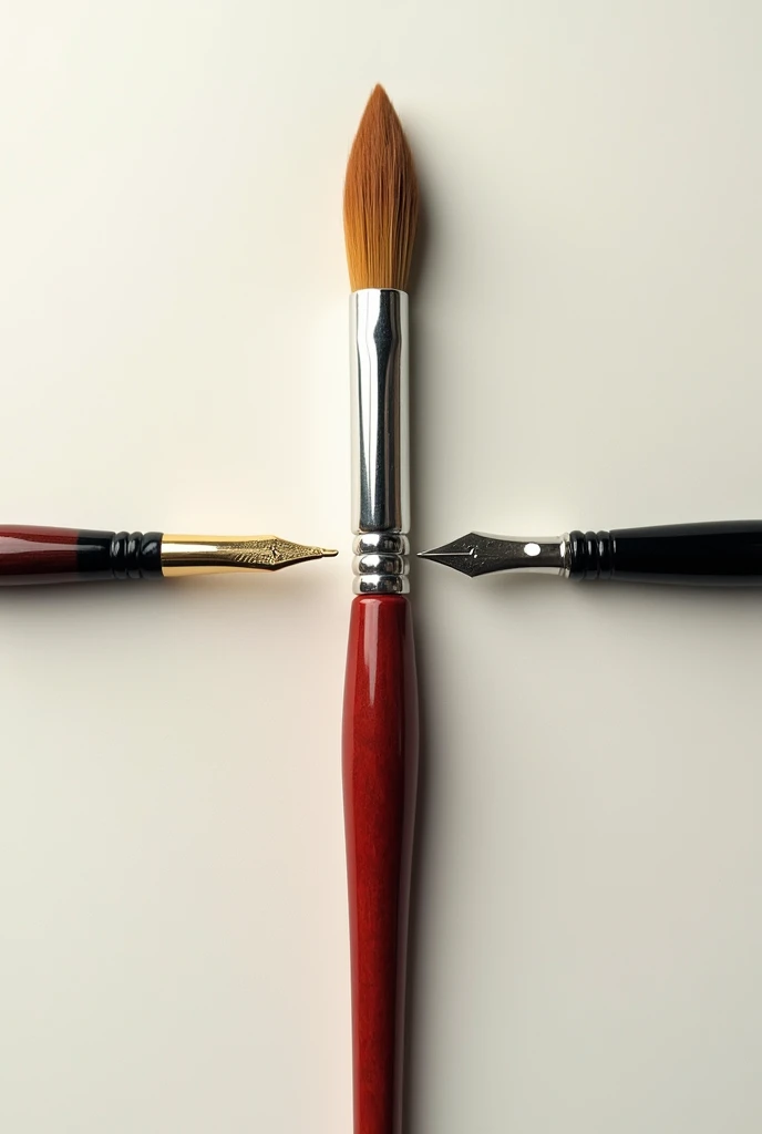A horizontal image depicting a traditional paintbrush on the left side and a dip pen with a metallic nib on the right side. Both the paintbrush and the pen are lying flat, side by side, and they merge seamlessly at the center. The paintbrush handle transitions smoothly into the pen’s shaft, creating a harmonious blend between the two tools. The background is simple and neutral to ensure that the focus remains entirely on the paintbrush and the dip pen."