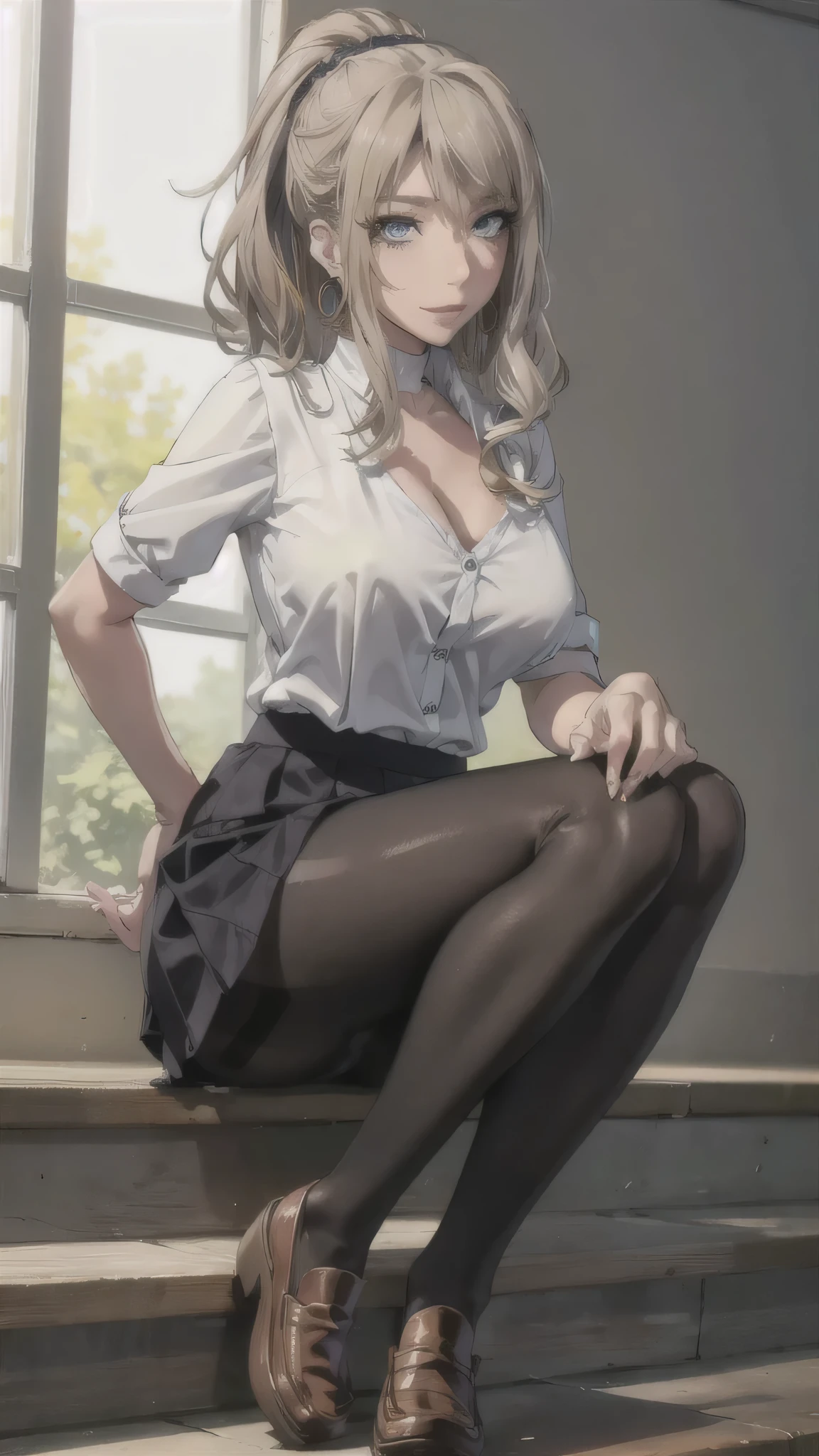 ((Correct Anatomy)),((school uniform)),((White blouse)),((Lace panties)),((loafers)),(((Mini Pleated Skirt))),((open-chest)),((Beautiful feet)),((Black Pantyhose)),((Beautiful feet)),Ultra-high resolution, Mature Woman, Mature Woman, Very detailed, ((Big Tits)), Perfect hands, Detailed fingers, Beautiful details,((Long blonde hair)),((ponytail)),((Beautiful feet)),Earrings,Perfect Eyes, Seductive eyes,School stairs