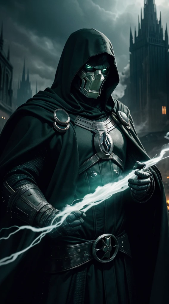 Doctor Doom Marvel, 35mm lens, photography, ultra-detailed, HDR, UHD, 8K, portraits, dark atmosphere, menacing expression, black cloak, iconic metal mask, glowing green eyes, intricate armor, smoke effects, dynamic pose, ruined cityscape, dramatic lighting, intense shadows, vibrant colors