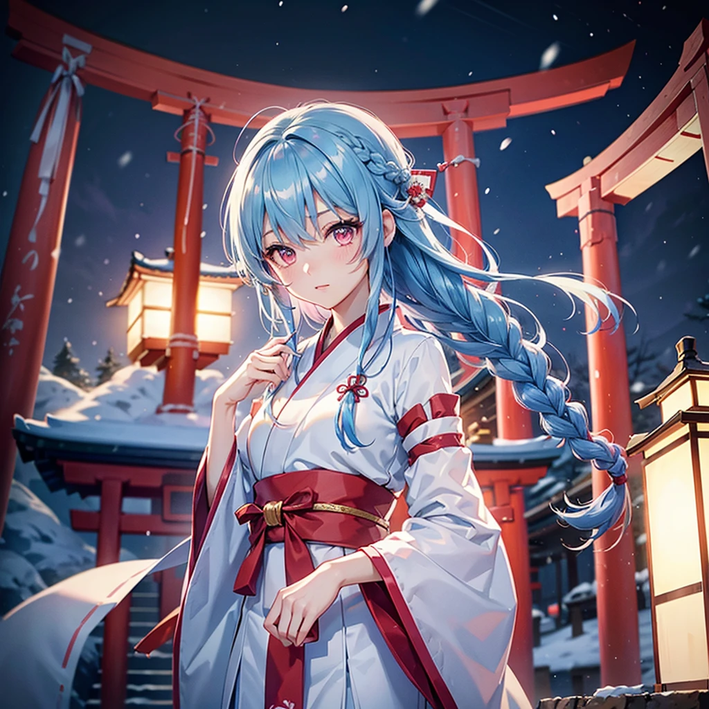 (Tying her sky blue hair into a single braid),(Pink Eyes),Fair skin,whole body,alone,Snowy Night,Drawing a fortune at a temple,torii,Shrine maiden、masterpiece, Highest quality, Very detailed, Best Shadow,Detailed Background,Beautifully detailed face,High Contrast,Best lighting, Very delicate and beautiful,Cinematic Light,Hyper Detail,8k,Dramatic Light,Exquisite detail,