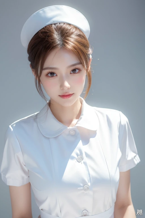(Tabletop、highest quality、32k、Award-winning works、Ultra-high resolution)、(One beautiful nurse:1.1)、(The perfect white nurse uniform:1.1),Chignon,Shiny, beautiful hair,Accurate anatomy,(Strongly blurred white background:1.1),(very bright white lighting:1.1)、(Close-up of face:1.3),Perfect beautiful makeup,Spectacular Cinema Lighting、Tyndall effect,(standing elegantly:1.1),(Shining white skin:1.1)、Shiny beautiful skin、Radiant Skin,