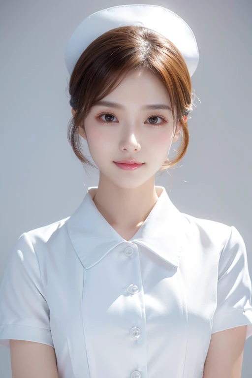 (Tabletop、highest quality、32k、Award-winning works、Ultra-high resolution)、(One beautiful nurse:1.1)、(The perfect white nurse uniform:1.1),Chignon,Shiny, beautiful hair,Accurate anatomy,(Strongly blurred white background:1.1),(very bright white lighting:1.1)、(Close-up of face:1.3),Perfect beautiful makeup,Spectacular Cinema Lighting、Tyndall effect,(standing elegantly:1.1),(Shining white skin:1.1)、Shiny beautiful skin、Radiant Skin,