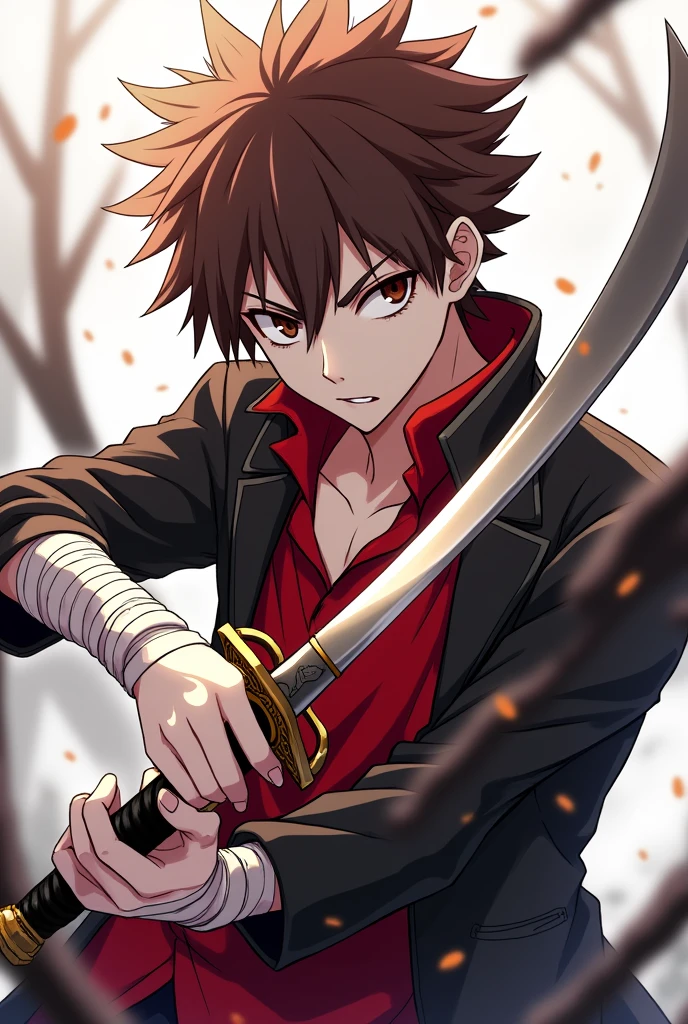 Anime boy ,white skin, under cut hair brown, with sword, red shirt and black jacket, and bandages in the arms