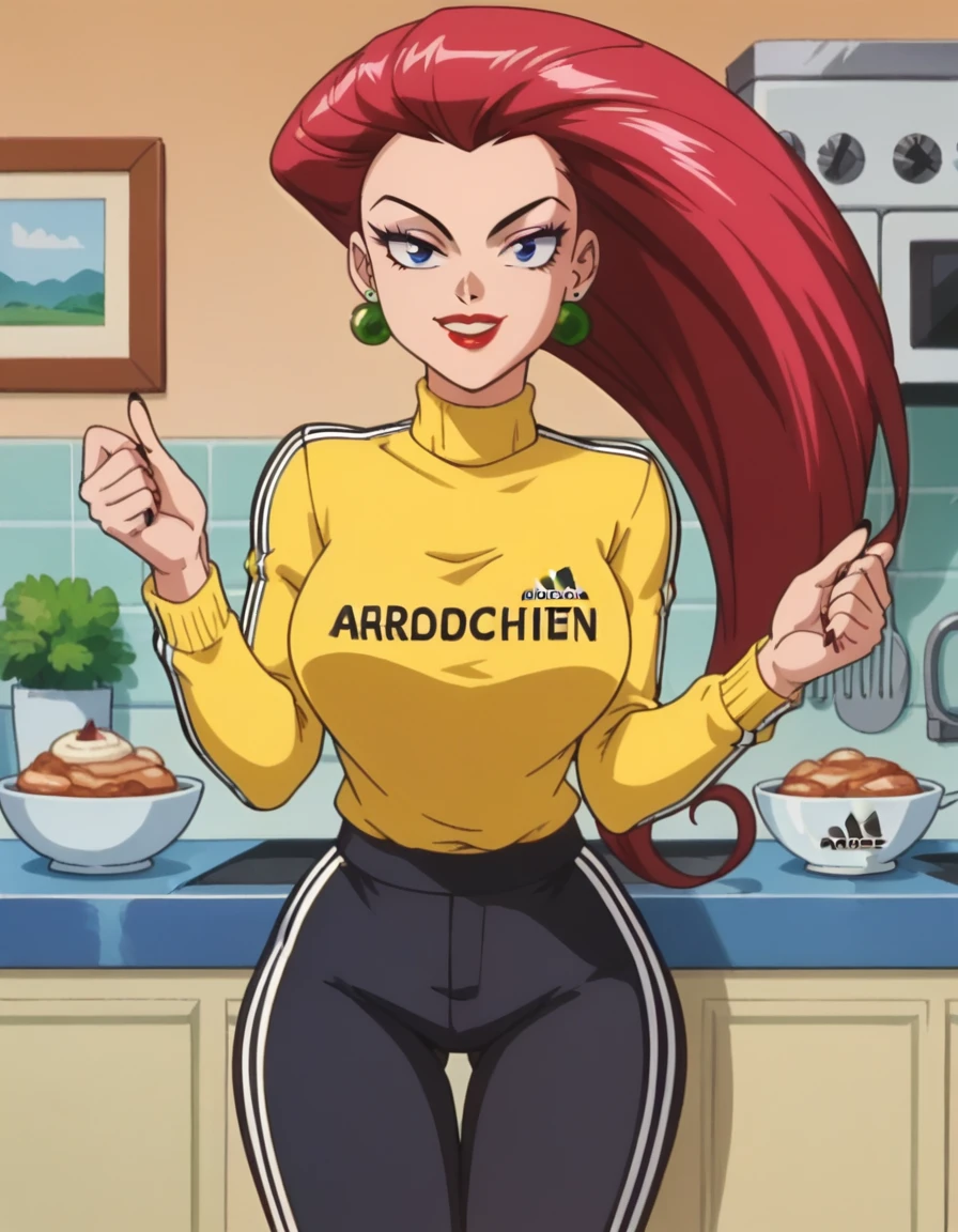 score_9, score_8_up, score_7_up, score_6_up, score_5_up, score_4_up, BREAK ((wearing a yellow tshirt)),  source_anime, anime screencap, anime coloring, PMJessie, red hair, long hair, earrings, blue eyes, red lips, breasts, lipstick, makeup, earrings, (Modern kitchen:1.5), kitchen background, best quality, expressive eyes, , realistic BREAK 1girl, solo. (Adidas pants:1.5), (black pants), . looking at viewer,, smile, (big hips), hourglass body, happy, thigh gap, lips, red lips, lipstick,  BREAK parted lips,nail polish, ((narrow waist)), looking at viewer, thighs, indoors, 