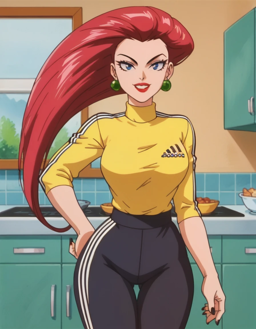 score_9, score_8_up, score_7_up, score_6_up, score_5_up, score_4_up, BREAK ((wearing a yellow tshirt)),  source_anime, anime screencap, anime coloring, PMJessie, red hair, long hair, earrings, blue eyes, red lips, breasts, lipstick, makeup, earrings, (Modern kitchen:1.5), kitchen background, best quality, expressive eyes, , realistic BREAK 1girl, solo. (Adidas pants:1.5), (black pants), . looking at viewer,, smile, (big hips), hourglass body, happy, thigh gap, lips, red lips, lipstick,  BREAK parted lips,nail polish, ((narrow waist)), looking at viewer, thighs, indoors, 