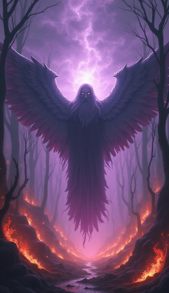 A wizard with wings, his head in the middle of a burning forest with a purple sky