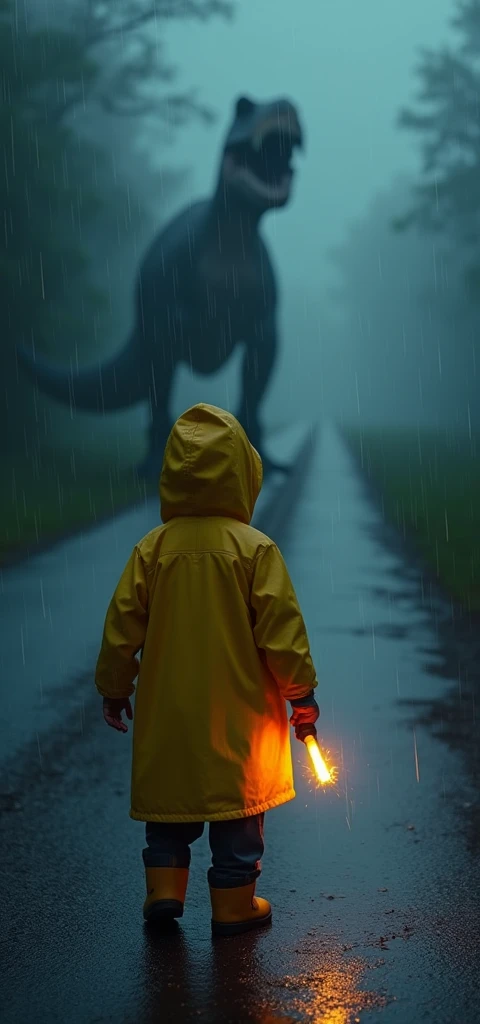 An ultra-realistic and highly detailed image of a child dressed in a yellow raincoat, holding a flare with one hand raised up. Behind the child, the silhouette of a T-Rex dinosaur emerges, obscured by dense fog and a bokeh effect. It is raining heavily, and the child is standing in the middle of an abandoned road at night, surrounded by complete darkness. The image has a prize-winning quality and is captured with a Canon EOS R5 paired with a 50mm f/1.2L USM lens, ensuring stunning clarity and a shallow depth of field. The lighting is dramatic, with the flare casting a warm glow on the child's face and the surrounding raindrops. The aspect ratio is 9:19, emphasizing the vertical composition