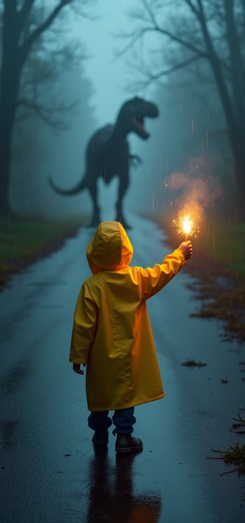 An ultra-realistic and highly detailed image of a  dressed in a yellow raincoat, holding a flare with one hand raised up. Behind the child, the silhouette of a T-Rex dinosaur emerges, obscured by dense fog and a bokeh effect. It is raining heavily, and the child is standing in the middle of an abandoned road at night, surrounded by complete darkness. The image has a prize-winning quality and is captured with a Canon EOS R5 paired with a 50mm f/1.2L USM lens, ensuring stunning clarity and a shallow depth of field. The lighting is dramatic, with the flare casting a warm glow on the child's face and the surrounding raindrops. The aspect ratio is 9:19, emphasizing the vertical composition 