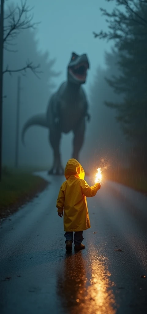 An ultra-realistic and highly detailed image of a child dressed in a yellow raincoat, holding a flare with one hand raised up. Behind the child, the silhouette of a T-Rex dinosaur emerges, obscured by dense fog and a bokeh effect. It is raining heavily, and the child is standing in the middle of an abandoned road at night, surrounded by complete darkness. The image has a prize-winning quality and is captured with a Canon EOS R5 paired with a 50mm f/1.2L USM lens, ensuring stunning clarity and a shallow depth of field. The lighting is dramatic, with the flare casting a warm glow on the child's face and the surrounding raindrops. The aspect ratio is 9:19, emphasizing the vertical composition
