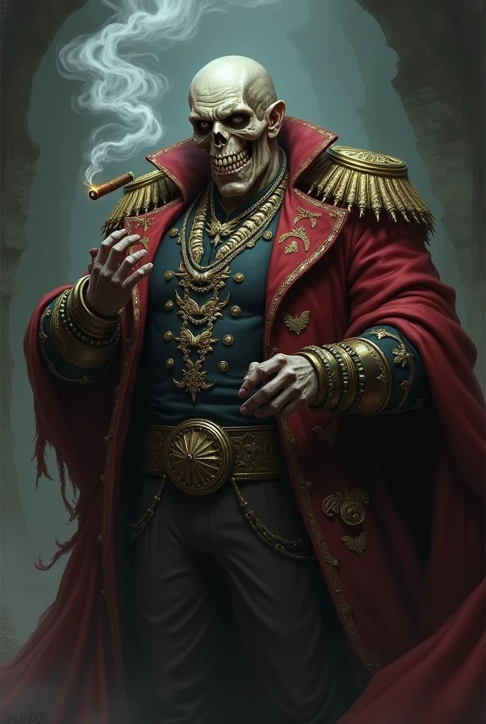 robust man, Smoking and pompous with a skull-like face making an evil smile, rpg style
