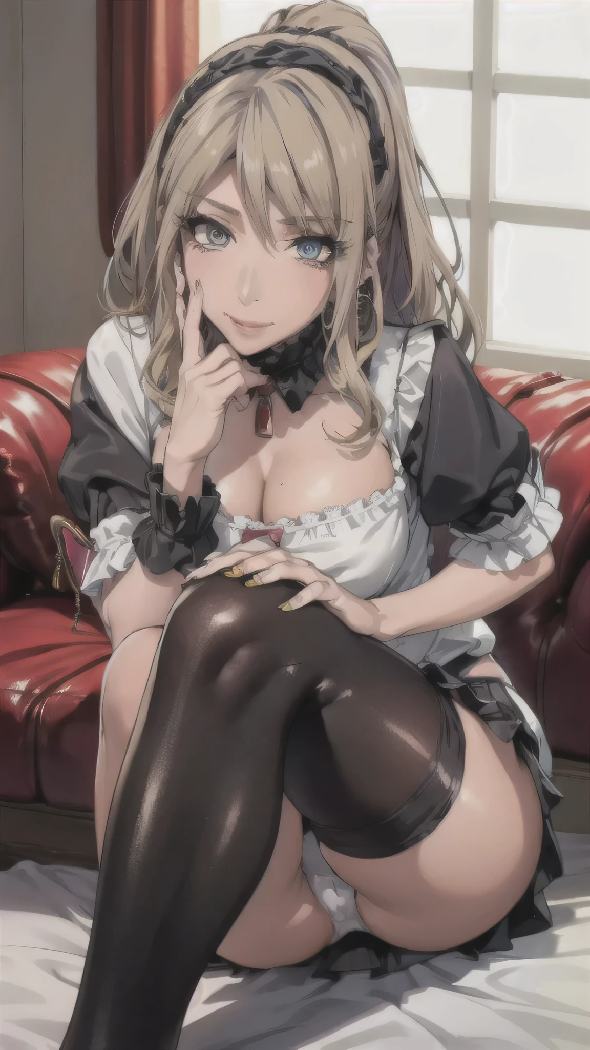 ((Correct Anatomy)),((Maid clothes)),((ruffled white blouse)),((Lace panties)),((Sexy pose)),(((Mini Pleated Skirt))),((open-chest)),((Beautiful feet)),((Black Pantyhose)),((Beautiful feet)),Ultra-high resolution, Mature Woman, Mature Woman, Very detailed, ((Big Tits)), Perfect hands, Detailed fingers, Beautiful details,((Long blonde hair)),((ponytail)),((Beautiful feet)),Earrings,Perfect Eyes, Seductive eyes,