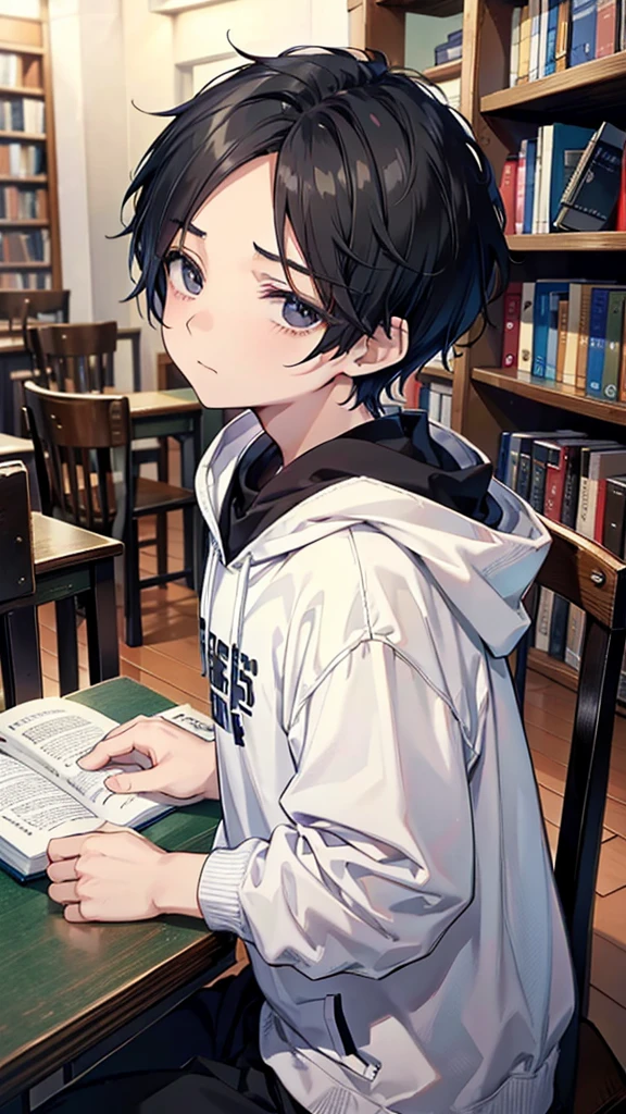 Highest quality、masterpiece、library:1.3、Touches the audience with the left hand、Extends the left hand towards here、Extend your left hand、From above:1.5、squat、half closed eyes 、 bad mood、Flushing、15 years old、Many books、Studying at a desk、studying、Looking up、regrettable、Watery eye、、Cowboy Shot、、Very short hair:1.8、forehead:1.5、Forehead、Black hoodie、Upper Body:1.5、Very black hair、Black Eyes、((Boyish、Very boyish:1.5))、Very white skin、Small breasts、Long, narrow eyes、look up、