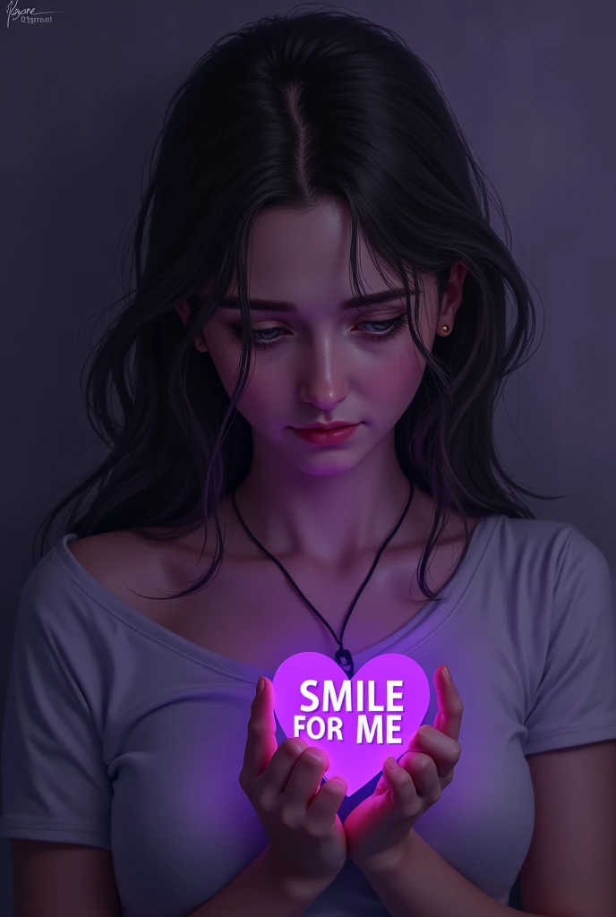 Digital hyperrealistic art,  brunette woman with a serious face that expresses sadness, In one hand she will hold a purple heart necklace. image with purple tones, Add the following text to the image in uppercase "Smile for me"  a little bigger to make it a novel cover 
