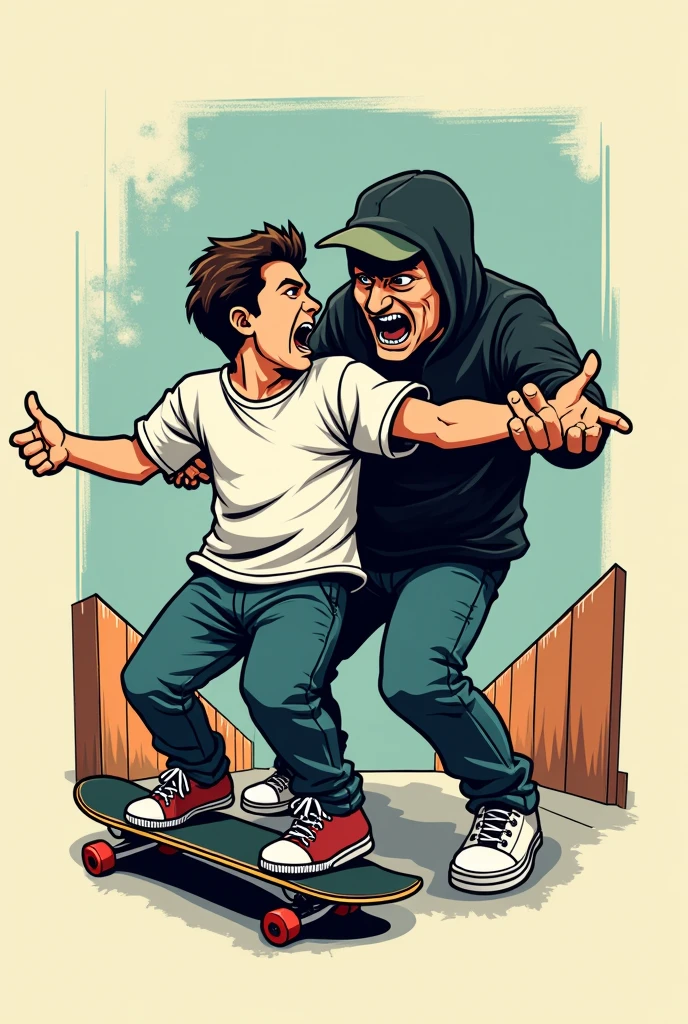 i want an image for a logo, with a skateboarder being held by the shirt by a hater in an aggressive way, and the skateboarder looking scared in the shape of a carton.