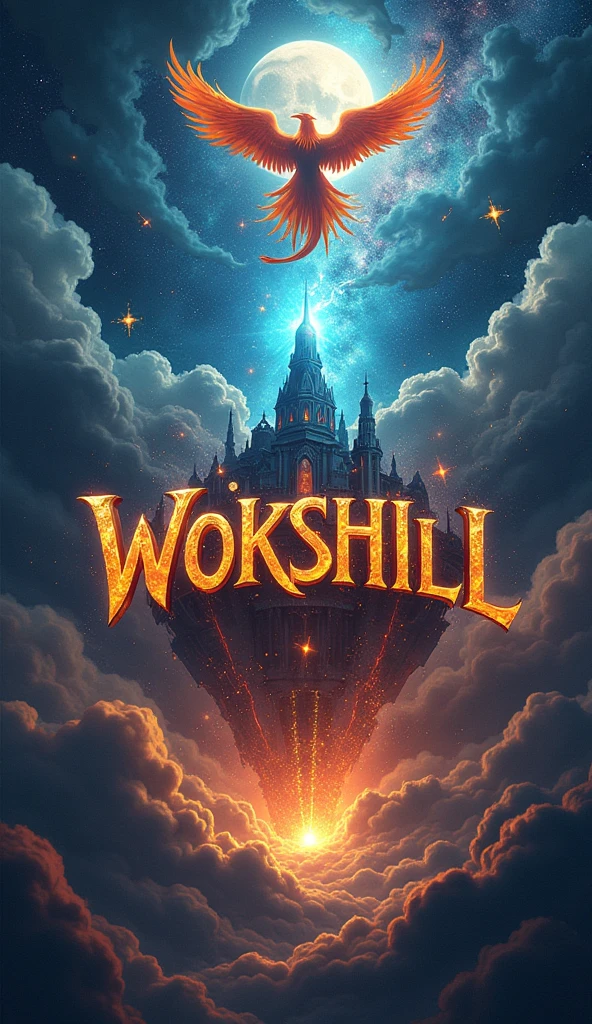 fantasy Logo title word "WOKSHILL", blast, thunder, cyclone in the background of the logo, universe, galaxy, phoenix, realistic, 8k ultra HD, falling stars, moon, sun, crystal clear, 3D, fantasy, Sci-Fi, Snow, Storm, Fire, Wintet, Summer, globe