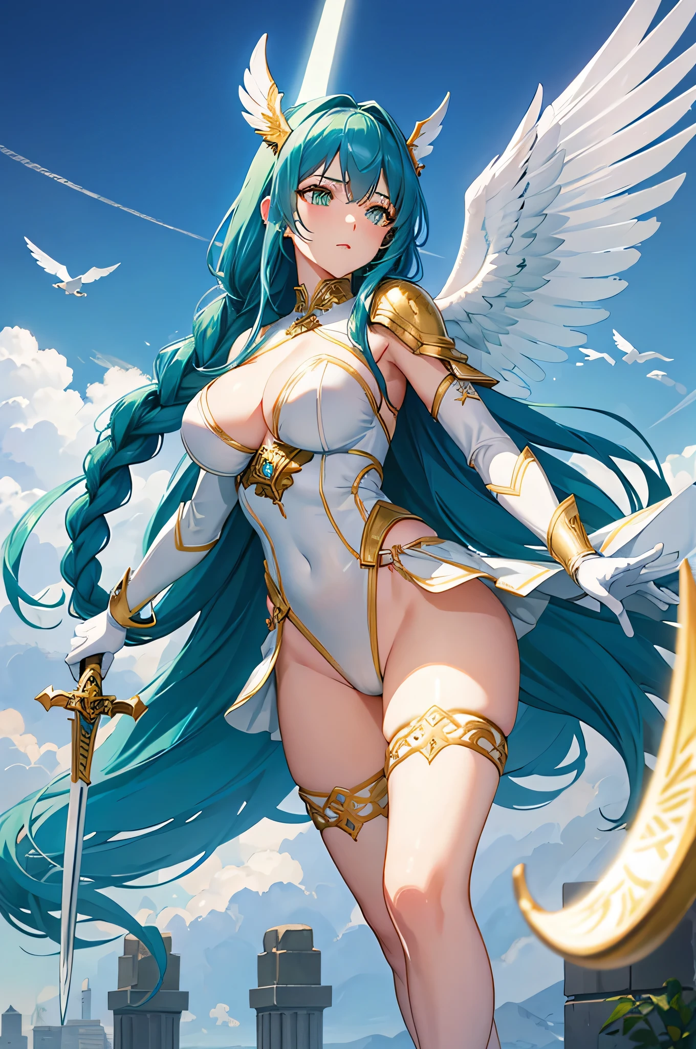 4K,High resolution,One Woman,Blue Hair,long hair,Braid,Green Eyes,Big Breasts,Valkyrie,White sacred high leg leotard armor,White gloves,White shoes,Winged headgear,Jewelry decoration,Gold decoration,Holy Sword,Temple in the Sky