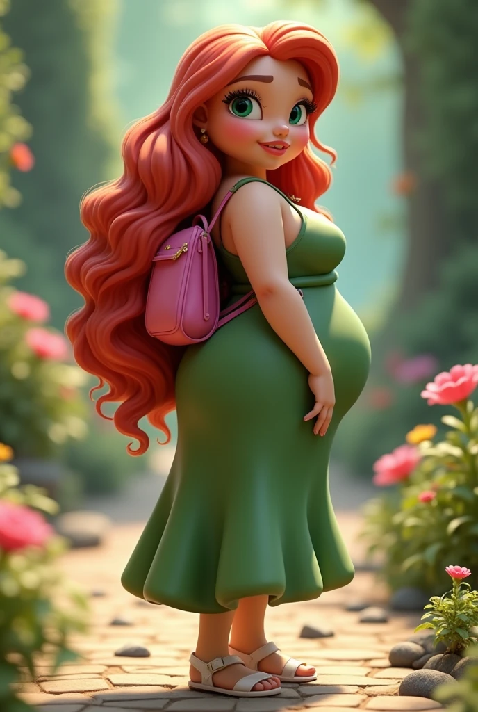 Disney 3D
a woman with red voluminous long hair, green eyes, chubby, wearing a long green dress with white sandals, white nail polish on her toenails, a pink backpack
She is standing with her back to us, facing forward