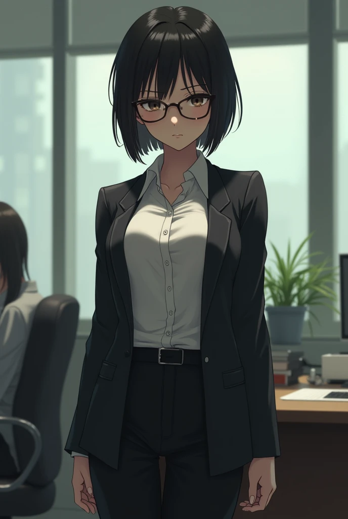 Realistic , Her chest is bigger than her body. , sharp , Japanese girl , see the whole body ,office girl outfit, see nipples , Wear glasses,Short black hair