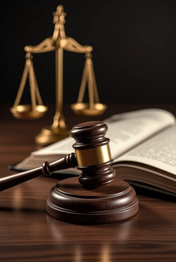 A gavel of a criminal judge on a book with a text that says "amparo" and a scale in the background with the goddess Themis.