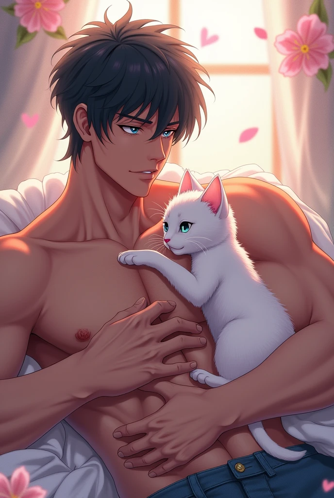 A guy, black hair, blue eyes, six pack, shirtless, have sex with white kitten, anime