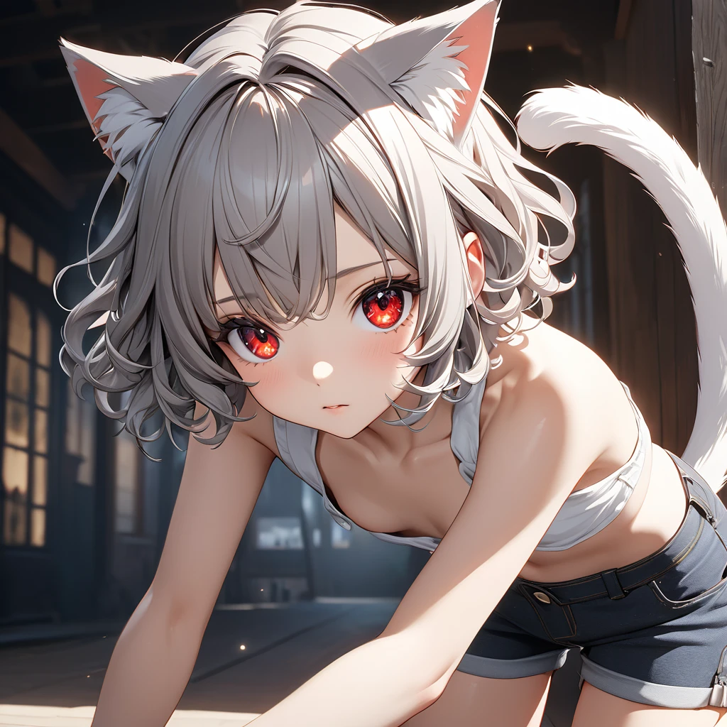 short hair, (Red eyes:1.5),  Animal ears, tail, Gray Hair, Shorts, Cat ear, cat tail, Curly Hair, (Small breasts:1.2), break looking at viewer, break outside, break (masterpiece:1.2), Highest quality, High resolution, unity 8k wallpaper, (figure:0.8), (beautiful detailed eyes:1.6), extremely detailed face, Perfect lighting, extremely detailed CG, (Perfect hands, Perfect Anatomy),whole body