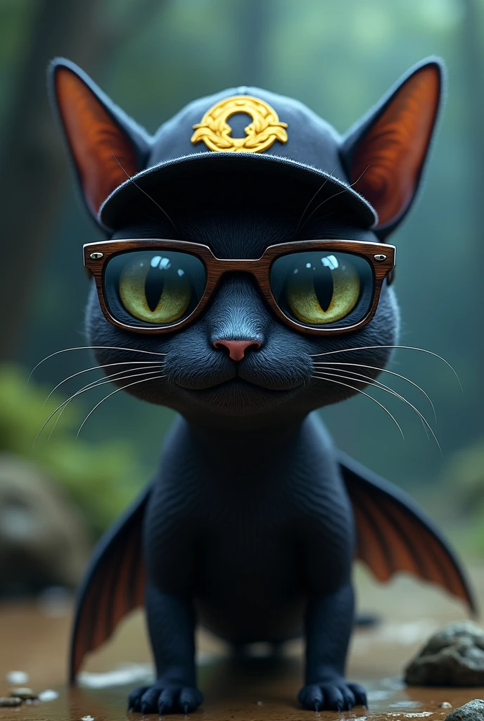 A black catfish with glasses and a black cap in a realistic style