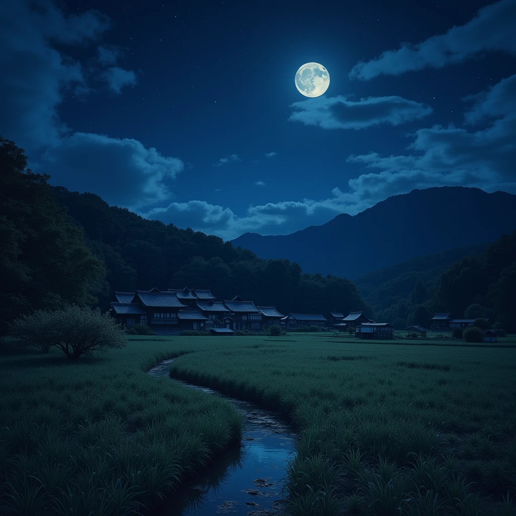 The scenery of a night in the countryside of old Japan