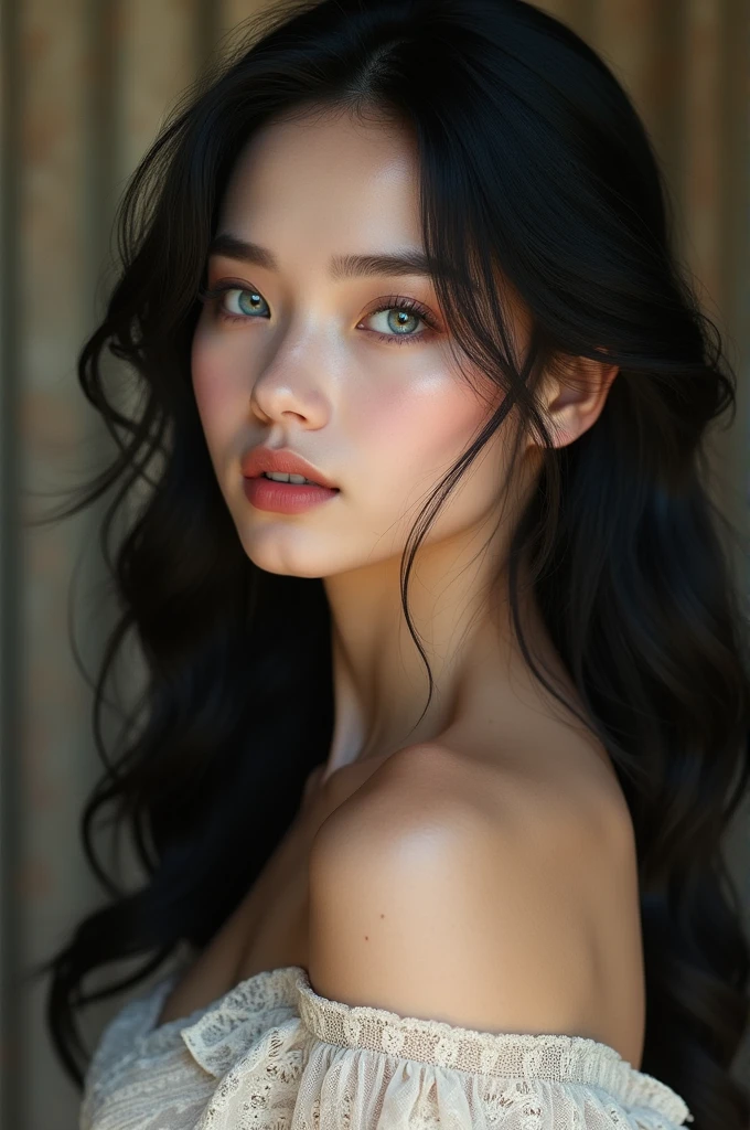 ((Best quality)), ((Detailed)), ((1 female)), ((wearing a light blue sundress))
Hair length: long
Hair color: Jet Black
Skin color: light skin
Eye type: Soft doe eyes
Eye color: Blue
Lips: soft plump heart shaped lips
Nose: Straight nose
Beauty Mark: Small Mole on the left side near the eye and lower side of chin close to the bottom lip
Chest Bust size: 34D