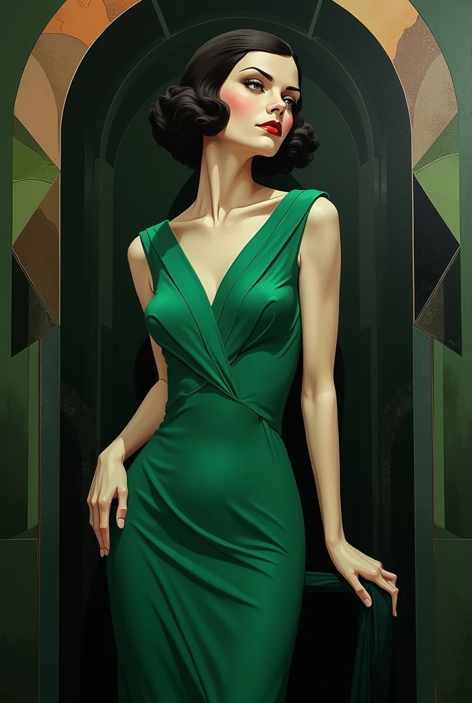 1920's angular woman in green dress cubist dark cinematic portrait geometric art deco painting, minimalist