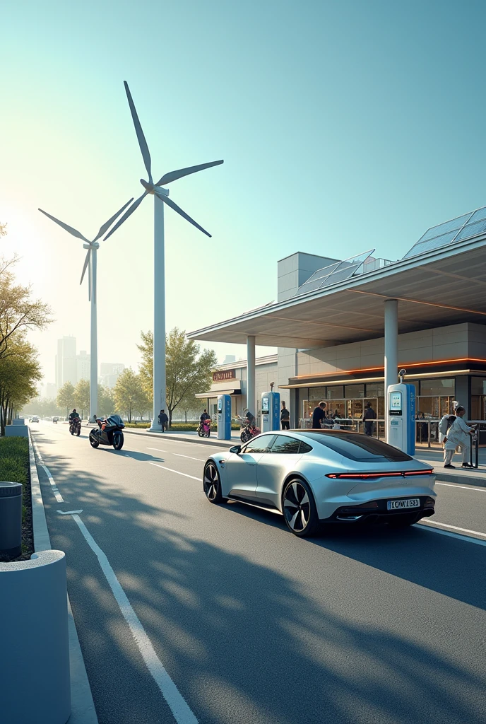 This proposal is quite comprehensive and visually rich.! We can create an image that represents the integration of renewable energy sources, the storage, and the recharge infrastructure. I will detail an image that could be used to illustrate this proposal.:

### Image Description:

**Main Scenario:**
- **Location**: A road area with a modern gas station in the background, which also includes a restaurant with a roof covered in solar panels.
  
**Key Elements:**
1. **solar energy**:
   - Roof of the restaurant and gas station covered with solar panels, highlighting the capture of solar energy.
   - Ray of sunlight falling on solar panels.

2. **Wind power**:
   - Small wind turbines nearby, located in an open area next to the road, with the propellers turning gently in the wind.

3. **Sustainable Charging Station**:
   - Charging stations for electric vehicles (motorcycles and cars) located in the gas station parking lot, with a modern and resistant design, covered by a shelter for protection from the weather.
   - Electric motorcycles connected to the station, with a loading interface on display showing progress and remaining time.

4. **Storage Batteries**:
   - An energy storage space next to the station, visually showing large batteries (like lithium batteries) storing the energy generated by solar panels and wind turbines.

5. **Interface and Technology**:
   - Small screens at charging stations displaying real-time data, as energy availability, and icons symbolizing connectivity and remote monitoring.

6. **Convenience and Impact**:
   - Users interacting with charging stations via smartphones, representing the use of applications for payment and slot reservation.
   - Arrows or paths indicating a travel route, symbolizing travel planning with strategic charging points.

### Fund Scenario