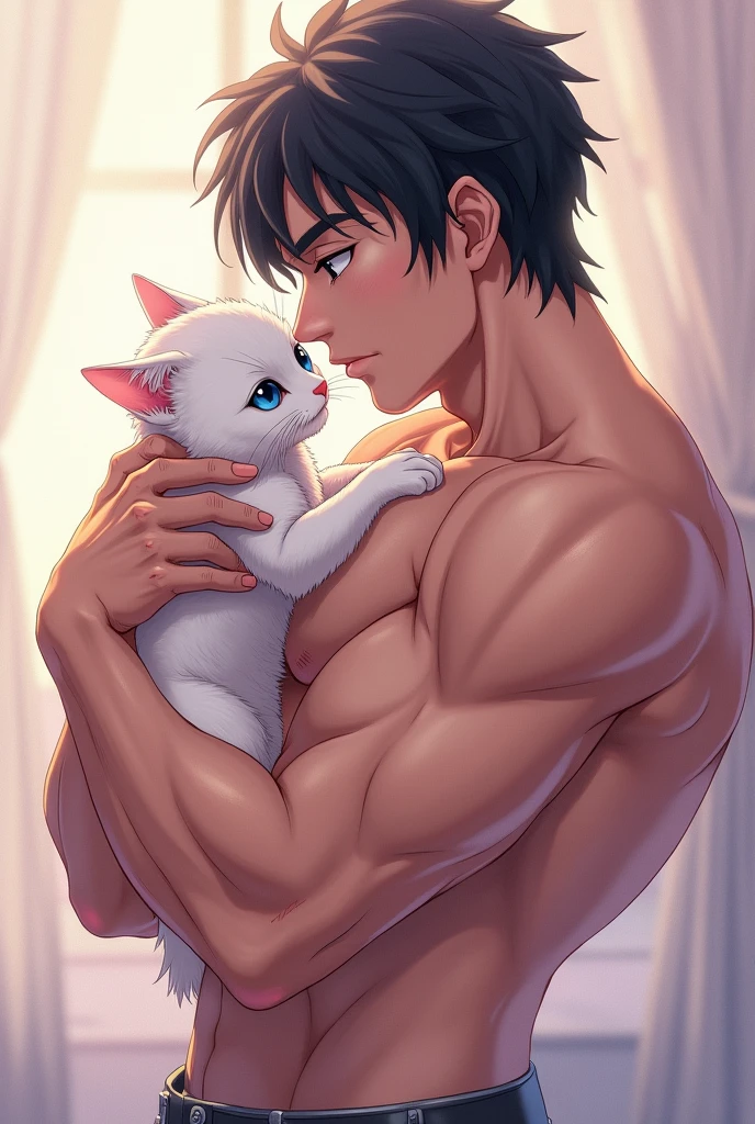 A guy, black hair, blue eyes, have sex with a white kitten, anime, handsome, six pack, shirtless