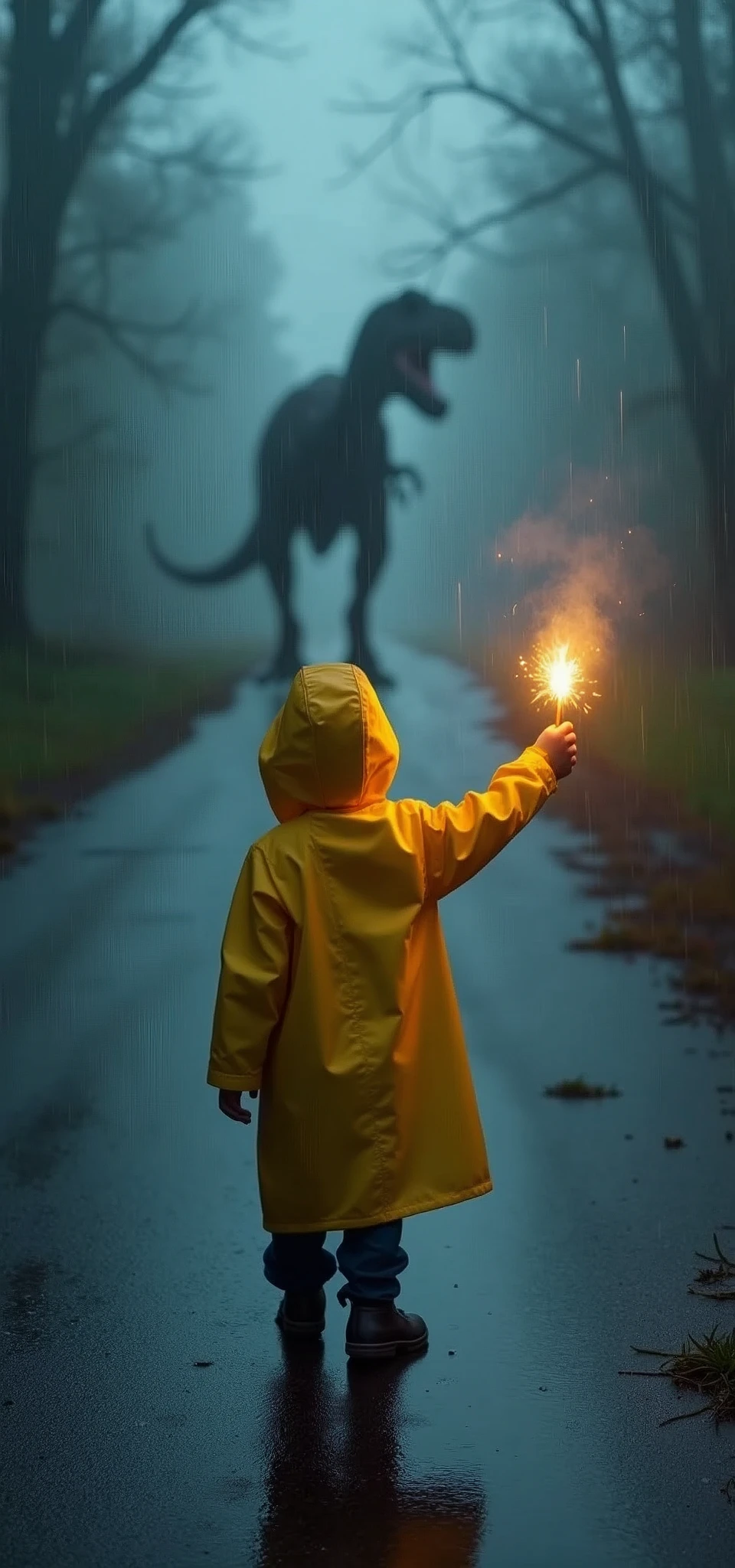 An ultra realistic and highly detailed image of a 3-year-old girl wearing a green raincoat and holding a flare in her raised hand. The silhouette of a Tyrannosaurus dinosaur looms in front of the child, slightly hidden by thick fog and the bokeh effect. It is raining heavily, and the child is standing in the middle of an abandoned road at night, surrounded by complete darkness. The image captured on the Canon EOS R5 camera with a 50mm f/1.2L USM lens has excellent quality, which provides amazing clarity and a small depth of field. Spectacular lighting, glare casts a warm glow on the child's face and the surrounding raindrops.