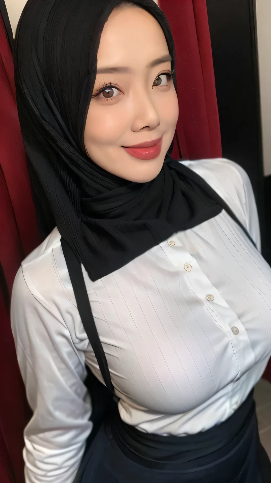 adorable, 1 girl, wearing pink hijab, (face to face), 30 years old, beautiful face, happy, half body portrait, (face details: 1), (eye details:1), ((big breasts)). wearing transparency striped shirt, .. Cute posed. proportional body. Ultra High Res. realistic: 1.4, UHD, Half body shot, black longskirt, slin and tall body type, pretty