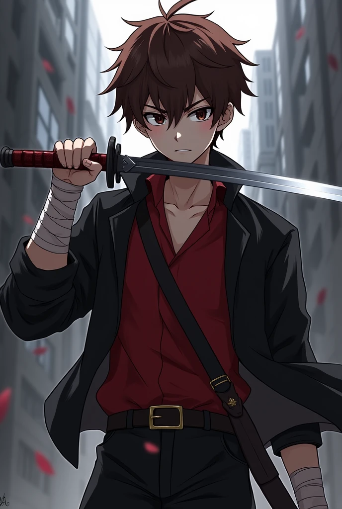 Anime boy ,white skin, under cut hair brown, with sword, red shirt and black jacket, and bandages in both arms,with assasins eyes
