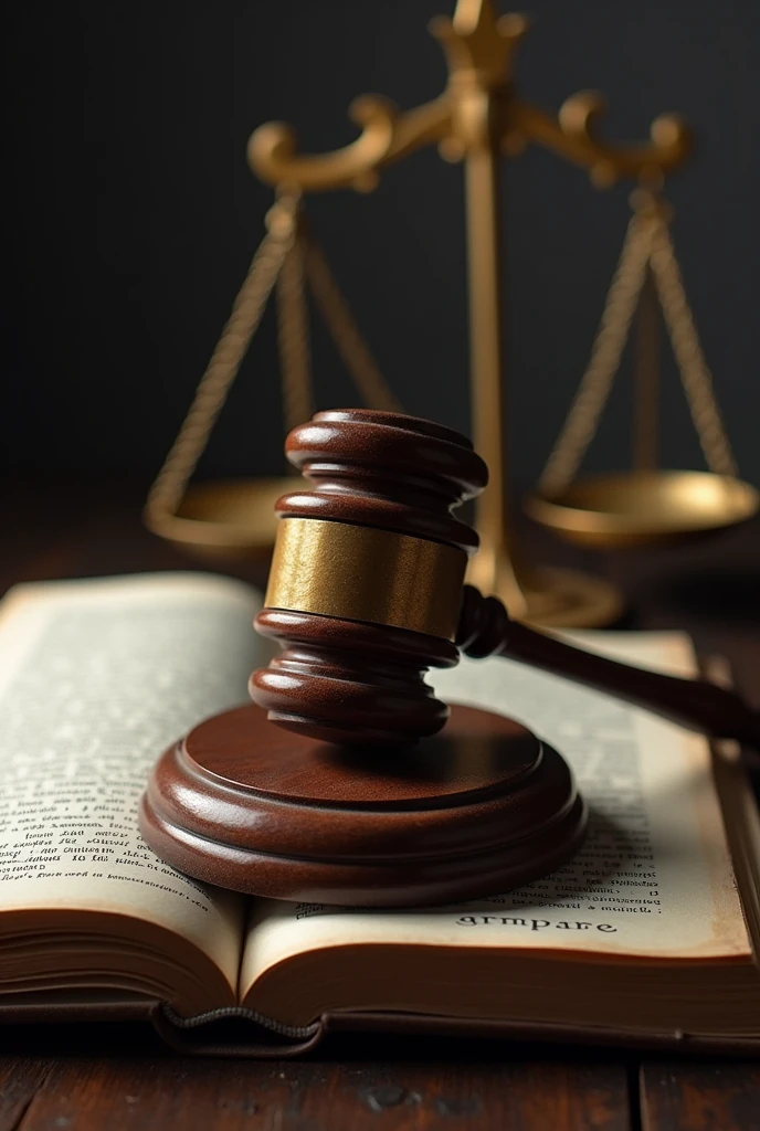 A gavel of a criminal judge on a book with text that says 'amparo' and a balance scale in the background.