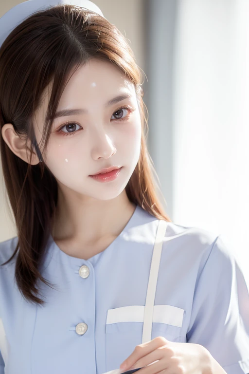 (Tabletop、highest quality、32k、Award-winning works、Ultra-high resolution)、(One beautiful nurse:1.1)、(The perfect white nurse uniform:1.1),Chignon,Shiny, beautiful hair,Accurate anatomy,(Strongly blurred white background:1.1),(very bright white lighting:1.1)、(Close-up of face:1.3),Perfect beautiful makeup,Spectacular Cinema Lighting、Tyndall effect,(standing elegantly:1.1),(Shining white skin:1.1)、Shiny beautiful skin、Radiant Skin,