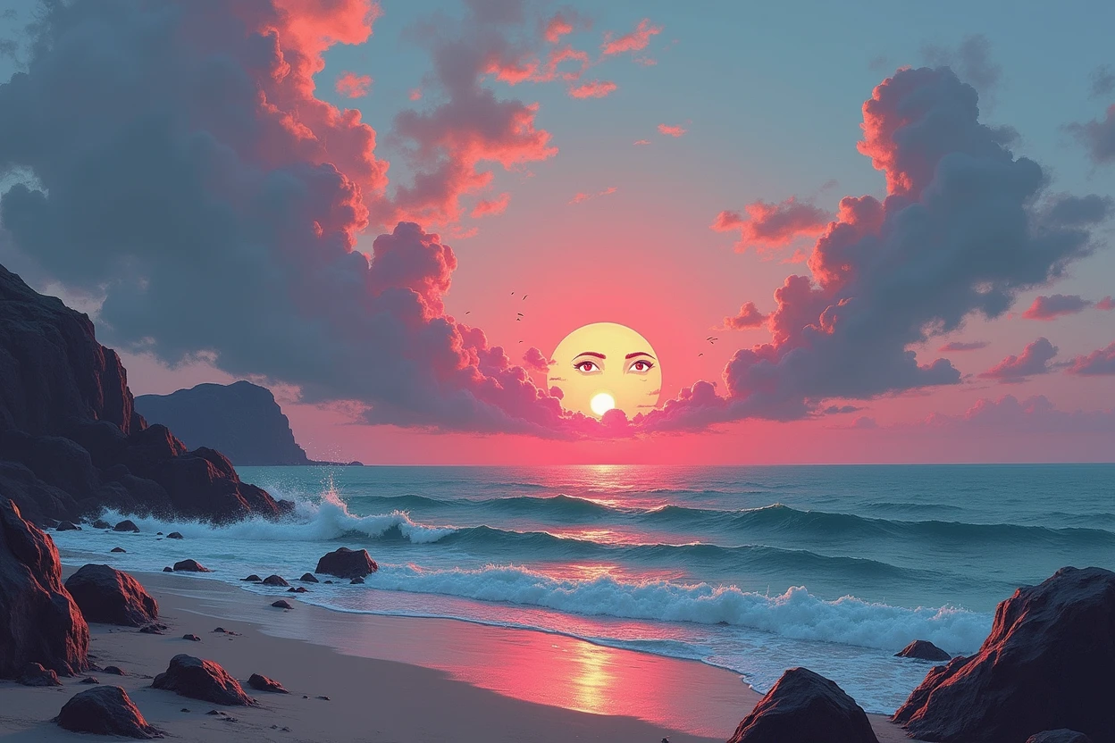 a sunset over the ocean with rocks and a beach, abstract painting, inkpunk, broad brush stroke, smeared patterns, vibrant colors, random dripping paint, splashes, graphic portrait, best quality, 8k, highres, masterpiece, ultra-detailed, realistic, photo-realistic, HDR, UHD, studio lighting, ultra-fine painting, sharp focus, physically-based rendering, extreme detail description, professional, vivid colors, bokeh