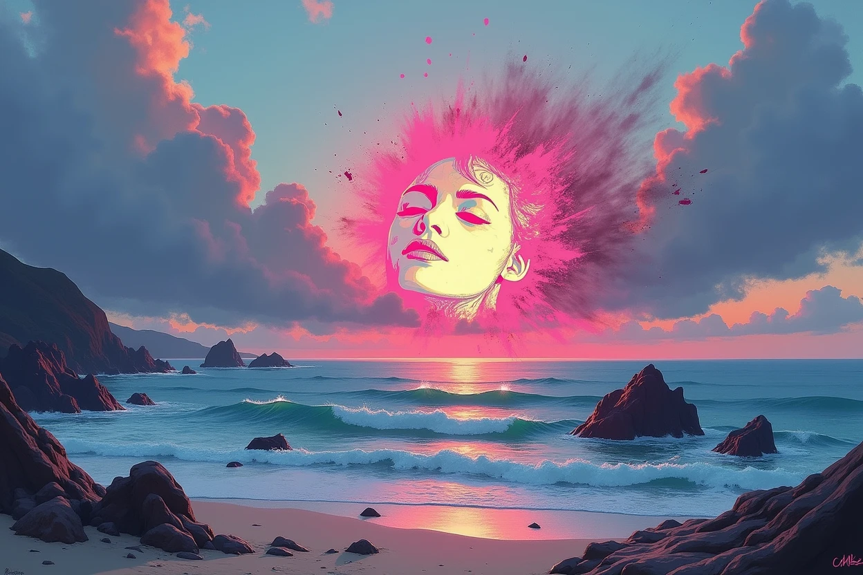 a sunset over the ocean with rocks and a beach, abstract painting, inkpunk, broad brush stroke, smeared patterns, vibrant colors, random dripping paint, splashes, graphic portrait, best quality, 8k, highres, masterpiece, ultra-detailed, realistic, photo-realistic, HDR, UHD, studio lighting, ultra-fine painting, sharp focus, physically-based rendering, extreme detail description, professional, vivid colors, bokeh