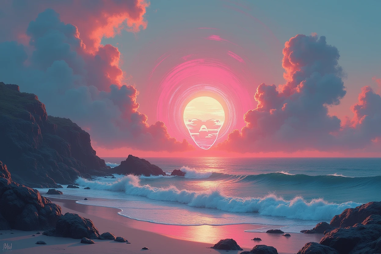 a sunset over the ocean with rocks and a beach, abstract painting, inkpunk, broad brush stroke, smeared patterns, vibrant colors, random dripping paint, splashes, graphic portrait, best quality, 8k, highres, masterpiece, ultra-detailed, realistic, photo-realistic, HDR, UHD, studio lighting, ultra-fine painting, sharp focus, physically-based rendering, extreme detail description, professional, vivid colors, bokeh