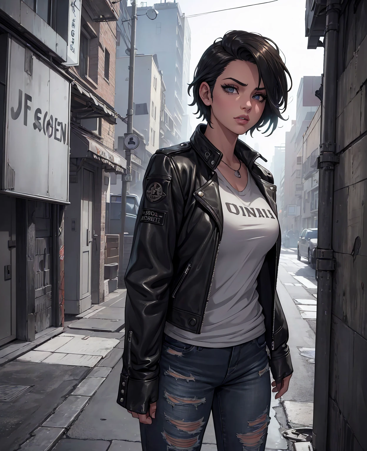 Req:[masterpiece, high resolution, extremely detailed, anime_style, CG, A beautiful woman short dark blue hair,tall height,perky mid sized breast,seductive face looking,(wearing oversize windbreaker jacket),cargo pants,nsfw,full body shot,skatepark setting,sunny lighting,bright colours