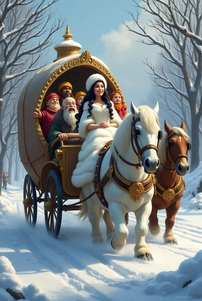 A large carriage with a princess wearing a winter dress made of white bear fur. She is wearing a cap that covers her long black hair. She is accompanied by 7 dwarfs!
A dwarf has black hair.
A dwarf has red hair.
A dwarf is blonde.
A dwarf has black skin.
A dwarf wears glasses.
A dwarf has a white beard.
A dwarf does not have a beard..