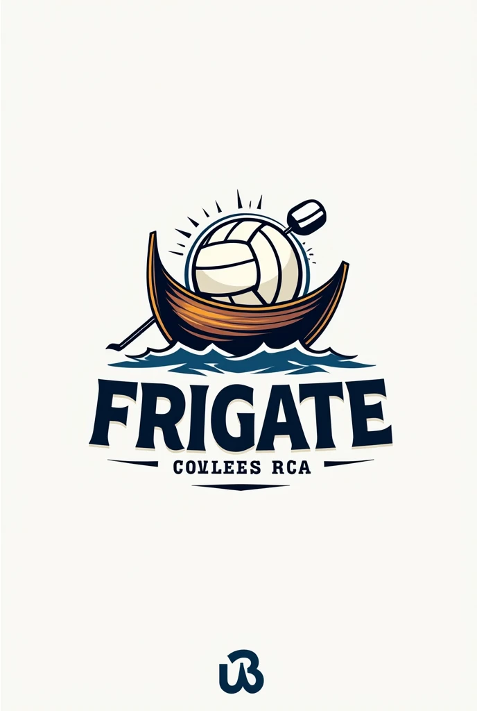 A logo for a volleyball team based on a Frigate (rowboat) and with a volleyball coming out of the cannon written Volleyball Frigate