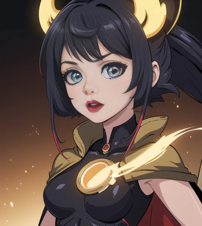 bust to waist ((half body)) portrait (((tatical gear aesthetic))) ((beauty shape)) perfect skin, hyperrealistic masterpiece, superheroine ((fringe glowing colorful)) in extremely complex & superdetailed black plugsuit ((with white cape)) , cinematic illumination: 8k, (Cute Loose pixie yellow hairstyle), symmetrical eyes, realistic, sharp focus, HD, highly detailed, intricate, photography, hyperrealism, hyperrealistic, film, studio portrait, detailed, dramatic lighting, (red lips)