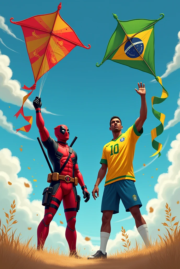 Deadpoo flying 2 kites with Brazilian national team player Robinho wearing a Brazilian jersey