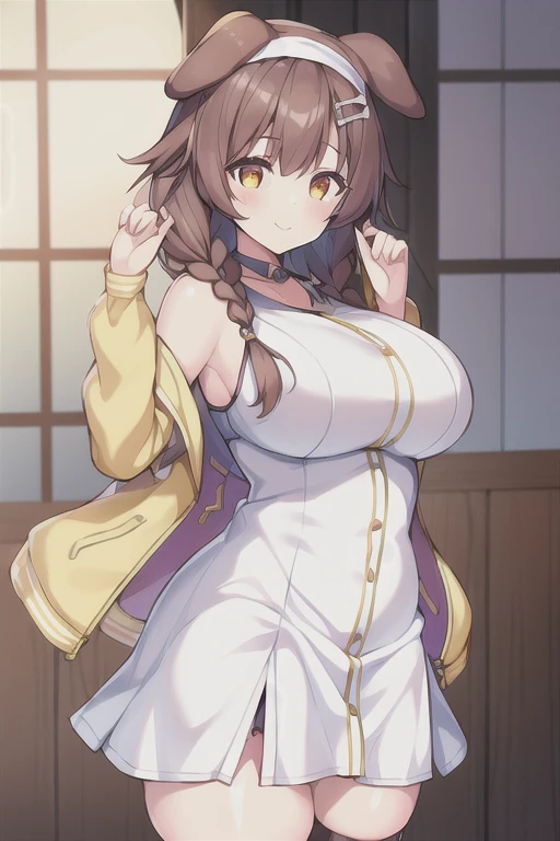 1girl, Korone, smile, dog ears, twin braids, sidelocks, hair ornament, ((white dress)), jacket, yellow jacket, jacket, open clothes, open jacket, dress, short dress, sleeveless dress, huge breasts, wide hips, thick thighs, tall, tall female, mature female, bandana, scarf, hourglass figure, standing,