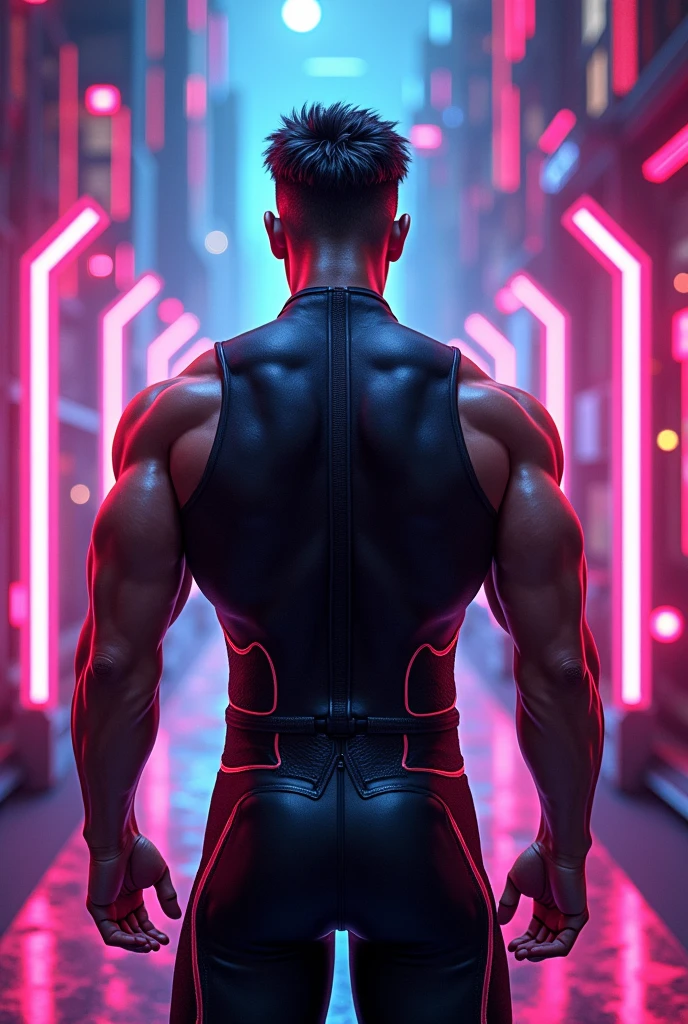Generate a male character from the back with a neon background and a retro arcade pixelated style.