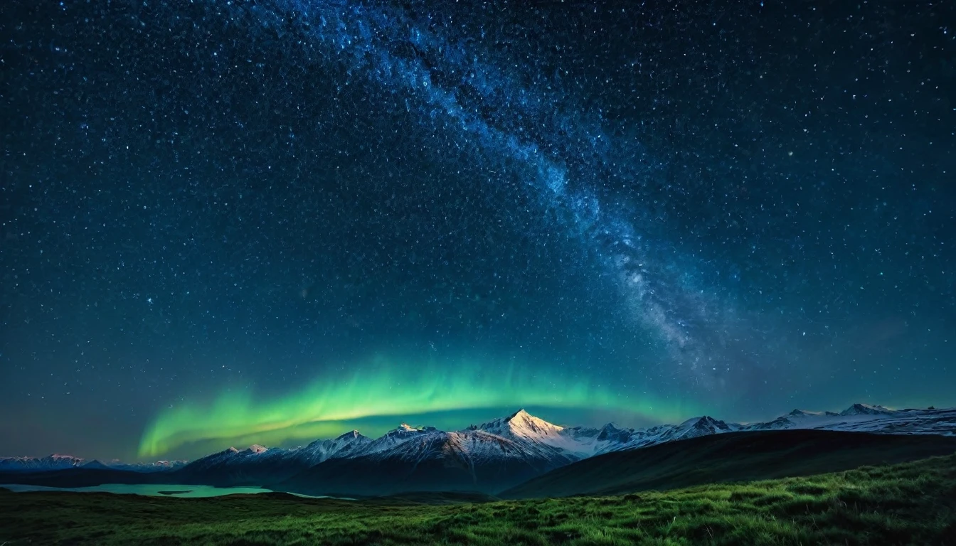 Create a background image for prayer with a starry night sky. Show a deep, dark sky studded with bright stars, with a faint aurora borealis stretching in the background. The soft lighting should highlight the beauty of the stars and create an inspiring and contemplative atmosphere."